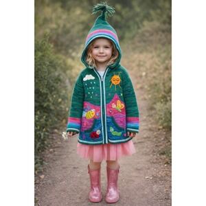 Vintage Alpaca Sweater Hoodie Girls 5T Whimsical Folk Art Cottagecore Nepal READ